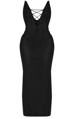 Shape Black Mesh Plunge Front Lace Up Maxi Dress