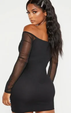 Shape Black Mesh Ruched Bardot Bodycon Dress