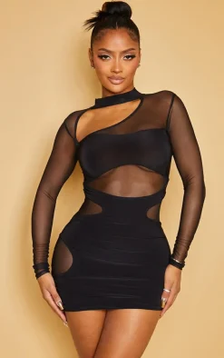 Shape Black Mesh Slinky Overlay Long Sleeve Bodycon Dress