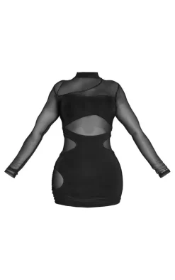 Shape Black Mesh Slinky Overlay Long Sleeve Bodycon Dress