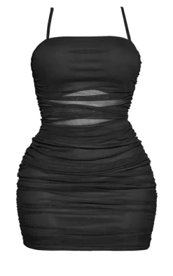 Shape Black Mesh Strappy Ruched Cut Out Dress