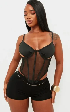 Shape Black Mesh Strappy Cup Detail Boning Corset Top