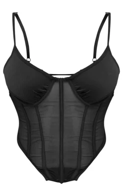 Shape Black Mesh Strappy Cup Detail Boning Corset Top