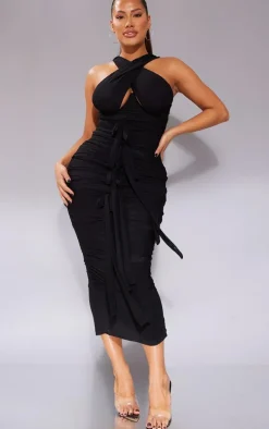 Shape Black Mesh Wrap Neck Tie Detail Midaxi Dress