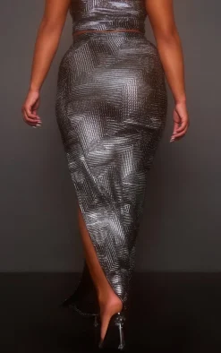Shape Black Metallic Textured Split Side Maxi Skirt