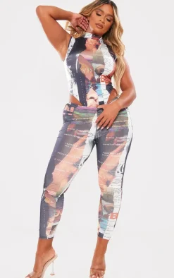 Shape Black Newspaper Printed Leggings