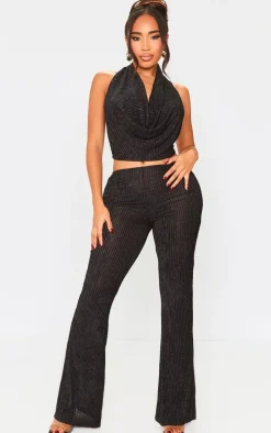 Shape Black Plisse Glitter High Waist Wide Leg Pants