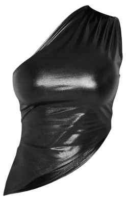 Shape Black Pvc One Shoulder Dipped Hem Top