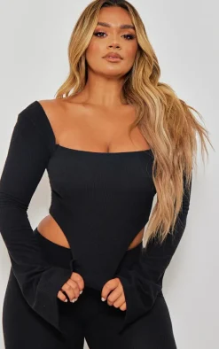 Shape Black Rib Bardot Flare Split Sleeve Crop Top