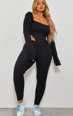 Shape Black Rib Bardot Flare Split Sleeve Crop Top