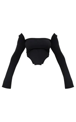 Shape Black Rib Bardot Flare Split Sleeve Crop Top