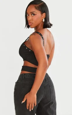 Shape Black Rib Cut Out Studded Strap Crop Top