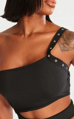 Shape Black Rib Cut Out Studded Strap Crop Top