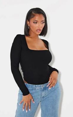 Shape Black Rib Long Sleeve Square Neck Bodysuit