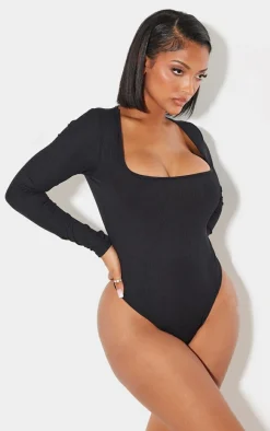 Shape Black Rib Long Sleeve Square Neck Bodysuit