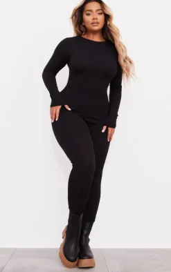 Shape Black Rib Underbust Detail Long Sleeve Jumpsuit