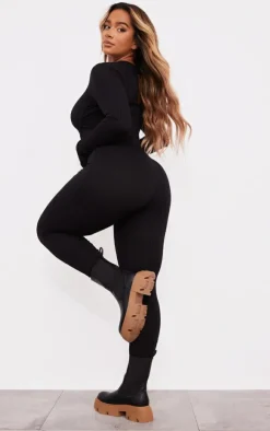 Shape Black Rib Underbust Detail Long Sleeve Jumpsuit