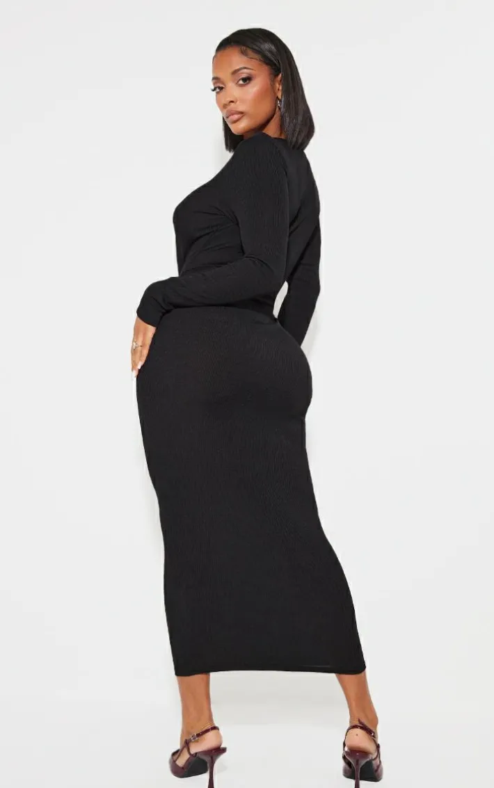 Shape Black Ribbed Button Front Long Sleeve Midaxi Dress
