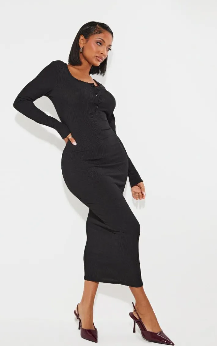 Shape Black Ribbed Button Front Long Sleeve Midaxi Dress