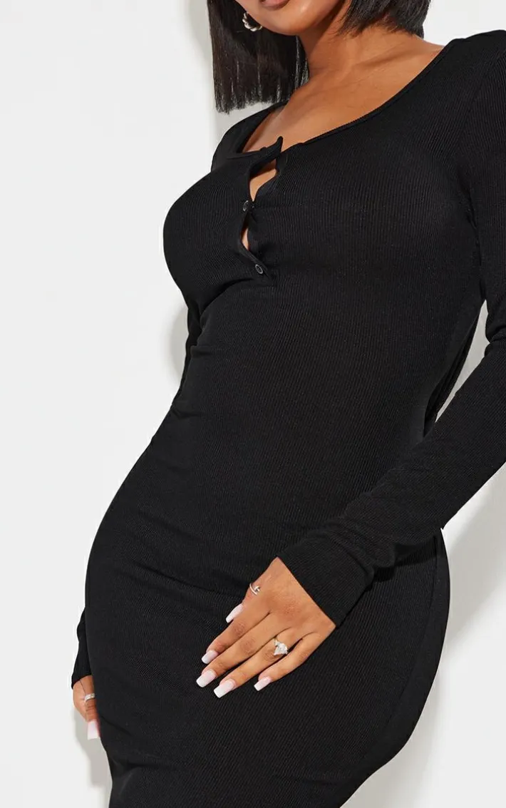 Shape Black Ribbed Button Front Long Sleeve Midaxi Dress