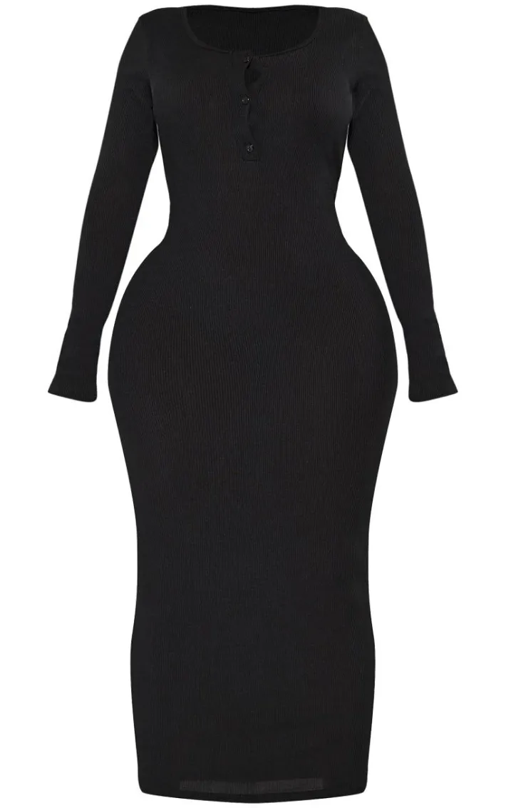 Shape Black Ribbed Button Front Long Sleeve Midaxi Dress