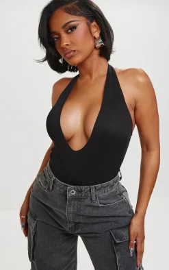 Shape Black Ribbed Halterneck Plunge Bodysuit