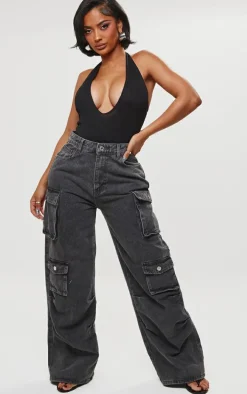 Shape Black Ribbed Halterneck Plunge Bodysuit