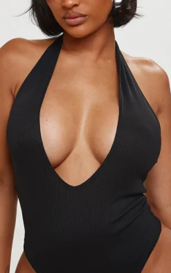 Shape Black Ribbed Halterneck Plunge Bodysuit