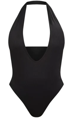 Shape Black Ribbed Halterneck Plunge Bodysuit