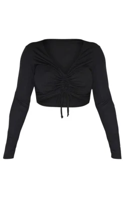 Shape Black Ribbed Long Sleeve Ruched Front Crop Top