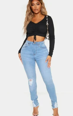 Shape Black Ribbed Long Sleeve Ruched Front Crop Top