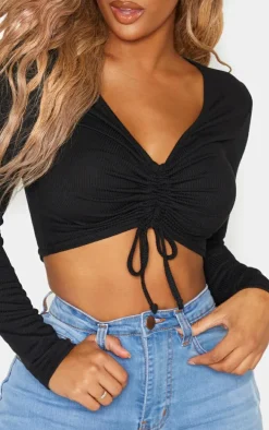 Shape Black Ribbed Long Sleeve Ruched Front Crop Top
