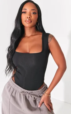 Shape Black Ribbed Square Neck Sleeveless Bodysuit