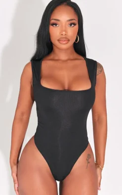 Shape Black Ribbed Square Neck Sleeveless Bodysuit