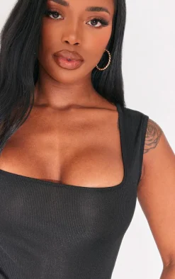 Shape Black Ribbed Square Neck Sleeveless Bodysuit