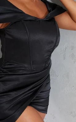 Shape Black Ruched Corset Detail Bardot Bodycon Dress