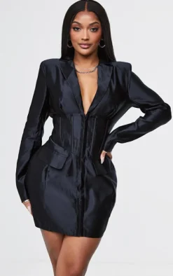 Shape Black Satin Corset Detail Blazer Dress