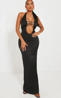 Shape Black Satin Plunge Front Halterneck Maxi Dress