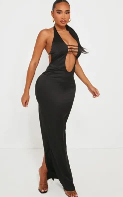 Shape Black Satin Plunge Front Halterneck Maxi Dress