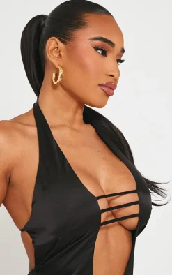 Shape Black Satin Plunge Front Halterneck Maxi Dress