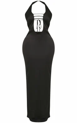 Shape Black Satin Plunge Front Halterneck Maxi Dress