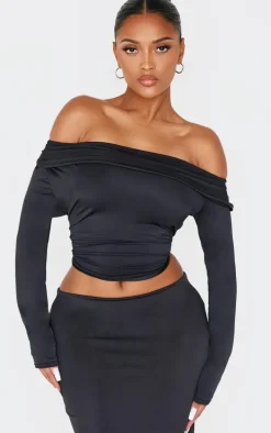 Shape Black Sculpt Fold Over Bardot Long Sleeve Top