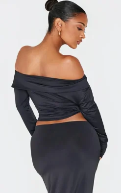 Shape Black Sculpt Fold Over Bardot Long Sleeve Top
