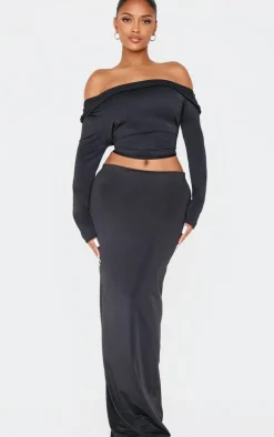 Shape Black Sculpt Fold Over Bardot Long Sleeve Top