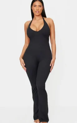 Shape Black Sculpt Halter Neck Strappy Back Flared Jumpsuit