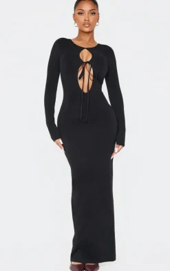 Shape Black Sculpt Plunge Front Strappy Waist Long Sleeve Maxi Dress