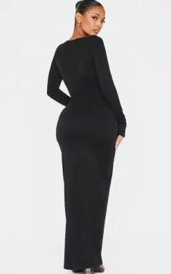 Shape Black Sculpt Plunge Front Strappy Waist Long Sleeve Maxi Dress