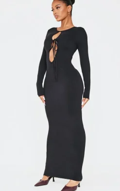 Shape Black Sculpt Plunge Front Strappy Waist Long Sleeve Maxi Dress