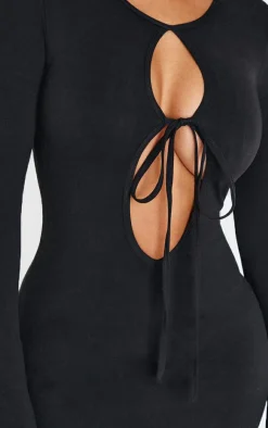 Shape Black Sculpt Plunge Front Strappy Waist Long Sleeve Maxi Dress