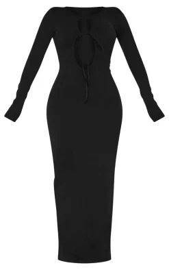 Shape Black Sculpt Plunge Front Strappy Waist Long Sleeve Maxi Dress